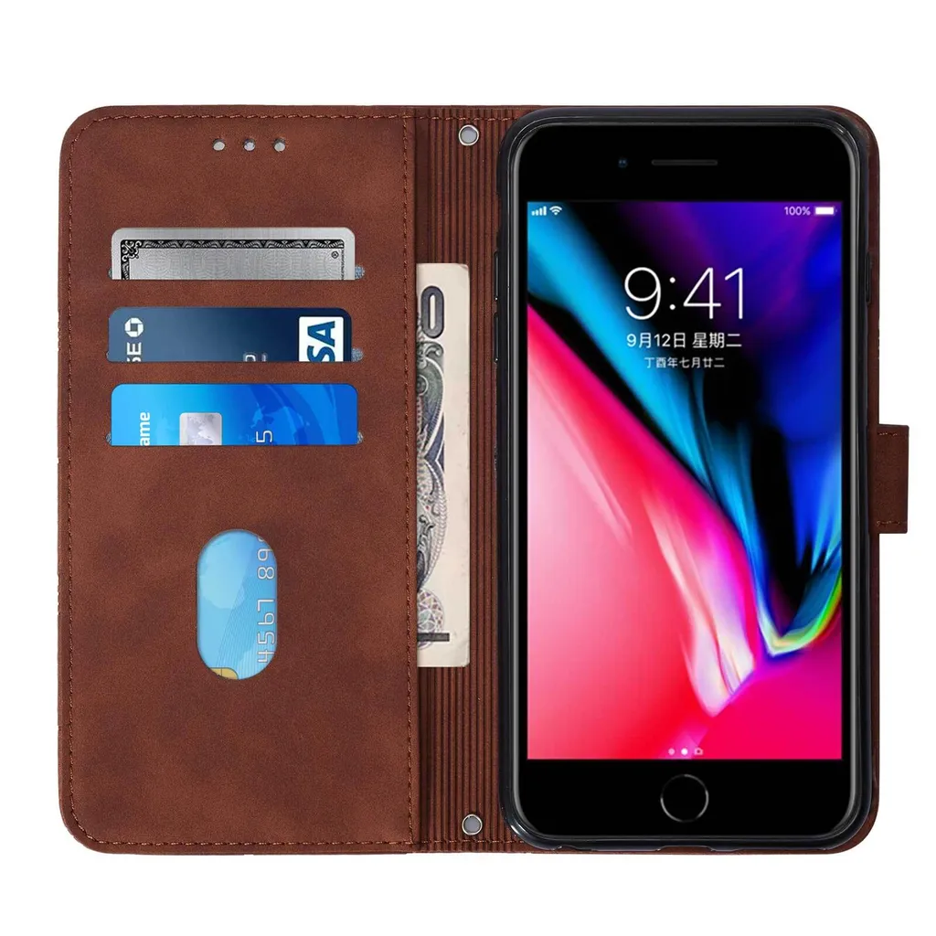 Custodia a Libro iPhone 8 Plus Pelle Marrone Goffrata con Supporto - 4