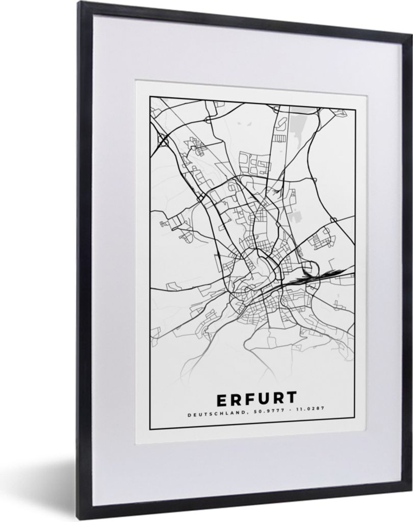 MuchoWow Gerahmtes Poster Karte - Erfurt - Stadtplan 30x40 cm - Poster mit Schwarzem Bilderrahmen Wandposter Rahmen Foto Bilder - Wandposter Schl...
