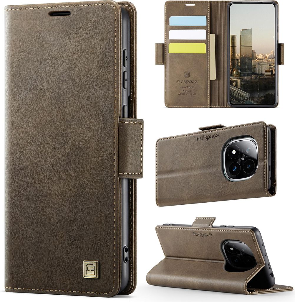 Lederhülle für Xiaomi Redmi Note 14 Pro 4G, RFID Schutz Handyhülle mit Magnetverschluss, Kartenfächern und Ständer Braun
