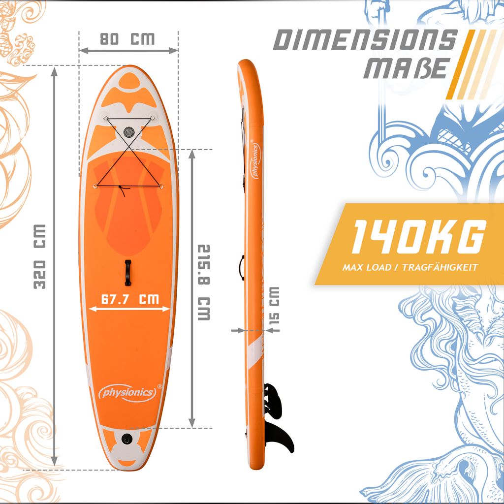 Paddling Board Farbwahl Rucksack 305/320/366cm Aufblasbar Physionics® Stand Up Paddle Board Handpumpe mit Druckmesser SUP Verstellbares Paddel Surfboard