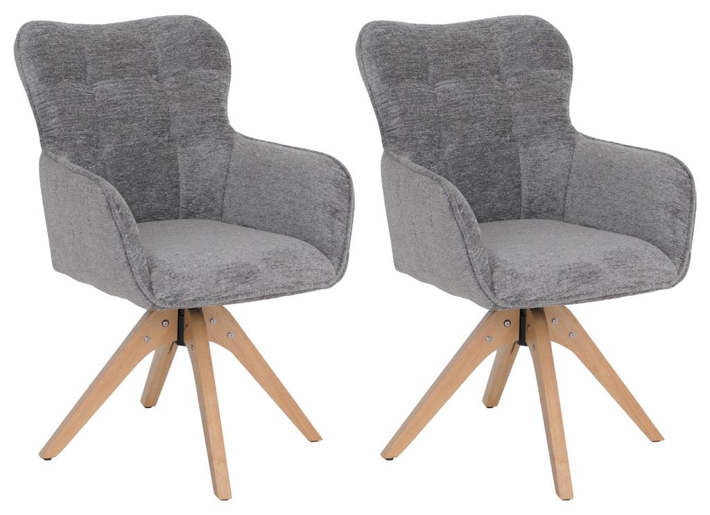 2er-Set Esszimmerstuhl HWC-Q35, Küchenstuhl Armlehne drehbar Auto-Return, Stoff Chenille (680g/m²) Holz MVG grau