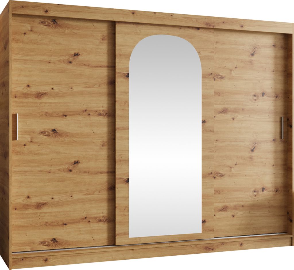 MIRJAN24 Kleiderschrank Selfie 250, Schwebetürenschrank mit zwei Kleiderstangen, Garderobe (Farbe: Artisan Eiche, Größe: 250 cm, mit Schubladen)