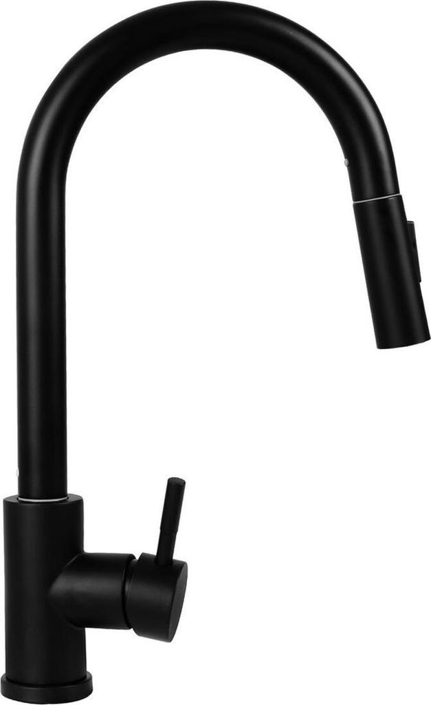 A black kitchen faucet with a pull-down sprayer.
