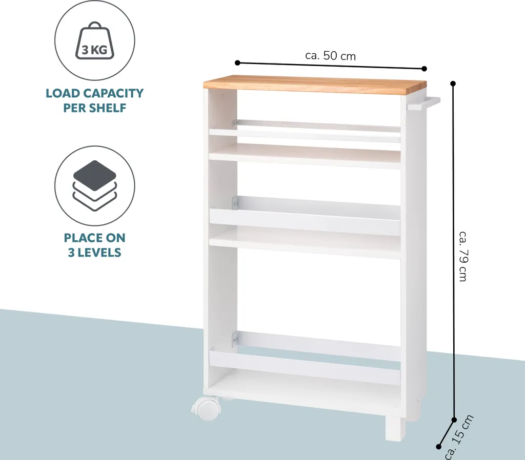 carrello a nicchia per cucina eluno, carrello per cucina, organizzatore per bagno a 3 livelli, legno, bianco - 7