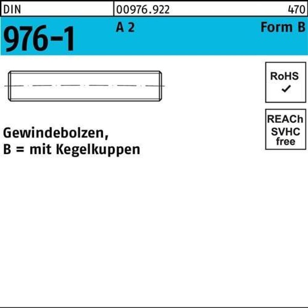 Gewindebolzen DIN 976 Kegelkuppen BM 20x 160 A 2 10 Stück