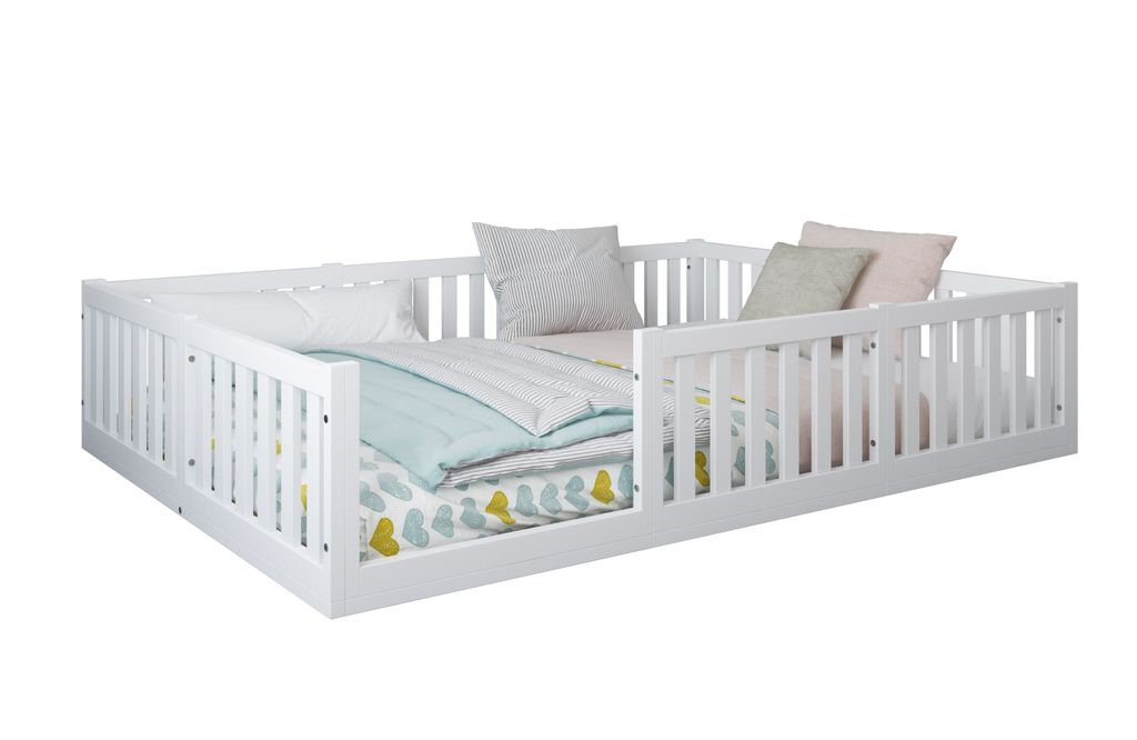 Bodenbett 140x200 cm Montessori Kinderbett mit abnehmbaren Rausfallschutz inkl. Lattenrost, Kiefer Massivholz, weiß - 3 Aufbauvarianten