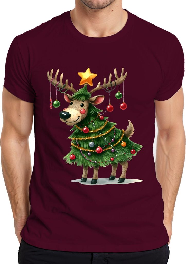 Weihnachtsrentier Weihnachtsbaum Stern Kugeln lustig Geschenk Herren T-Shirt, Burgundy, S