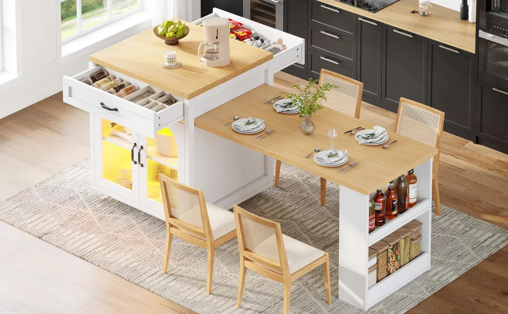 Îlot de cuisine avec éclairage LED et plan de travail extensible en MDF - 4