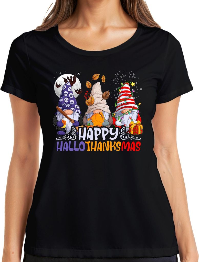 Happy Hallothanksmas Gnomes Halloween Thanksgiving Christmas Damen T-Shirt, Schwarz, S