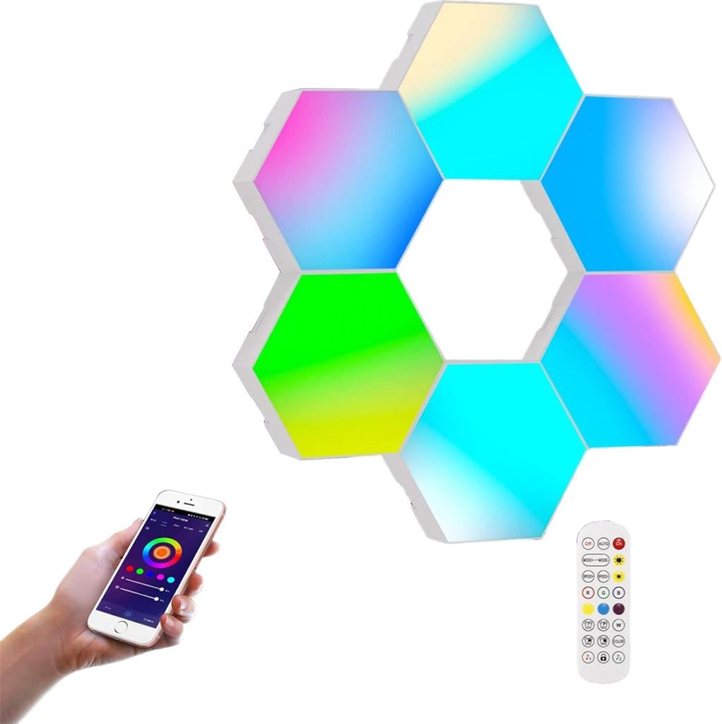 OKWISH Nachtlichter, RGB Hexagon Atmosphere Light, 6er Set Quantum LED Leuchten mit Bluetooth, App-Steuerung, Fernbedienung, Farbwechsel für Wohnz...