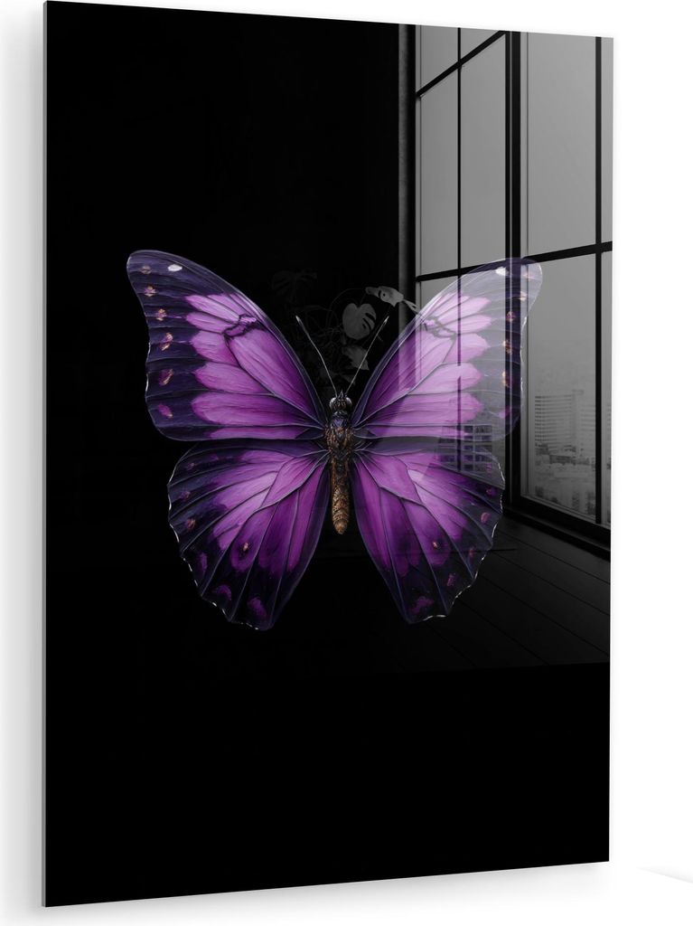 MuchoWow Glasbilder - Bilder auf Wandbild - Foto auf Glas Schmetterling - Lila - Lebendig 60x80 cm Wanddekoration aus Glas - Acrylglasbild - Acrylb...
