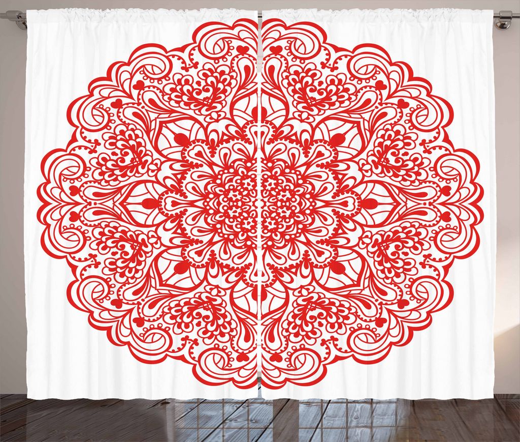 ABAKUHAUS Red Mandala Rustikaler Gardine, Arabesque blühen, Schlafzimmer Kräuselband Vorhang mit Schlaufen und Haken, 280 x 225 cm, Orange