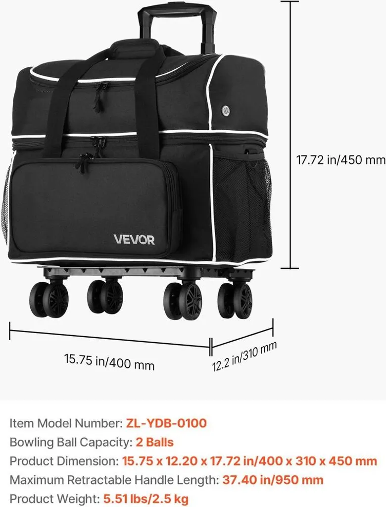 Sac à roulettes pour 2 boules de bowling avec compartiment chaussures