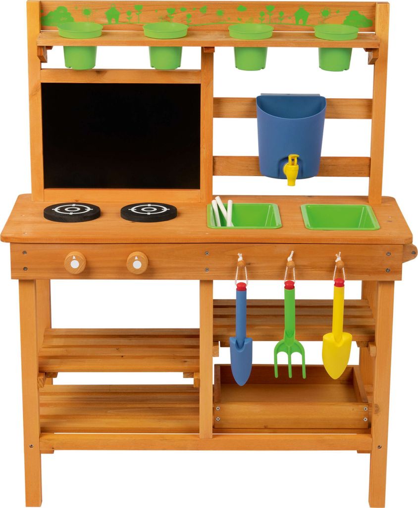 Kidland Outdoorküche - aus Echtholz - Mit 2 Regalen, Wassereimer und Herdplatten