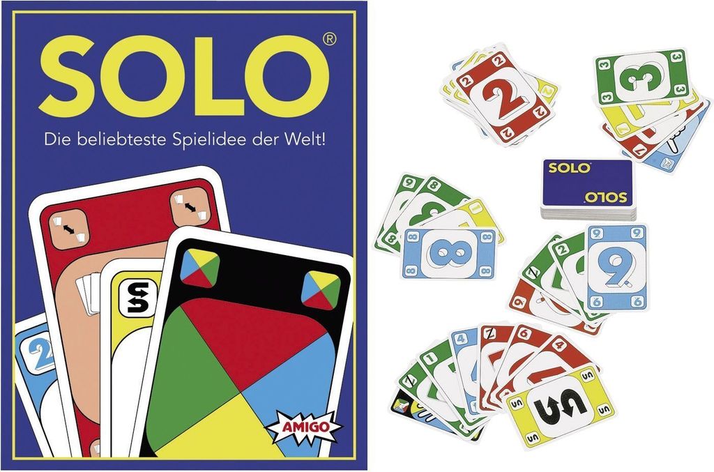 A collage of the Solo card game box and various cards from the game.