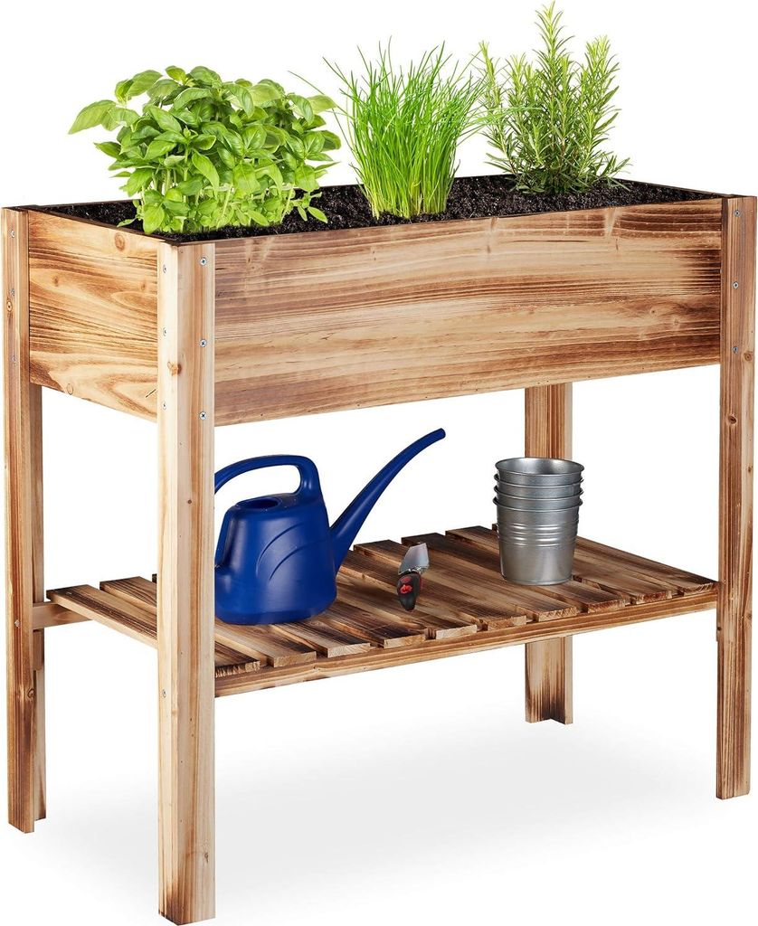 Hochbeet aus Holz mit Stauraum für Balkon, Terrasse oder Garten - Maße: ca. 80 x 88 x 43,5 cm geflammt