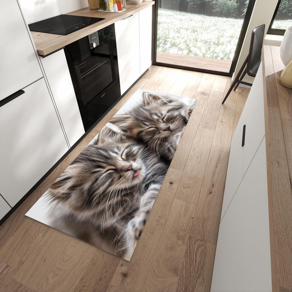 Küchenteppich 80x200cm rutschfest & abwischbar PVC Läufer - Schlafende Kätzchen