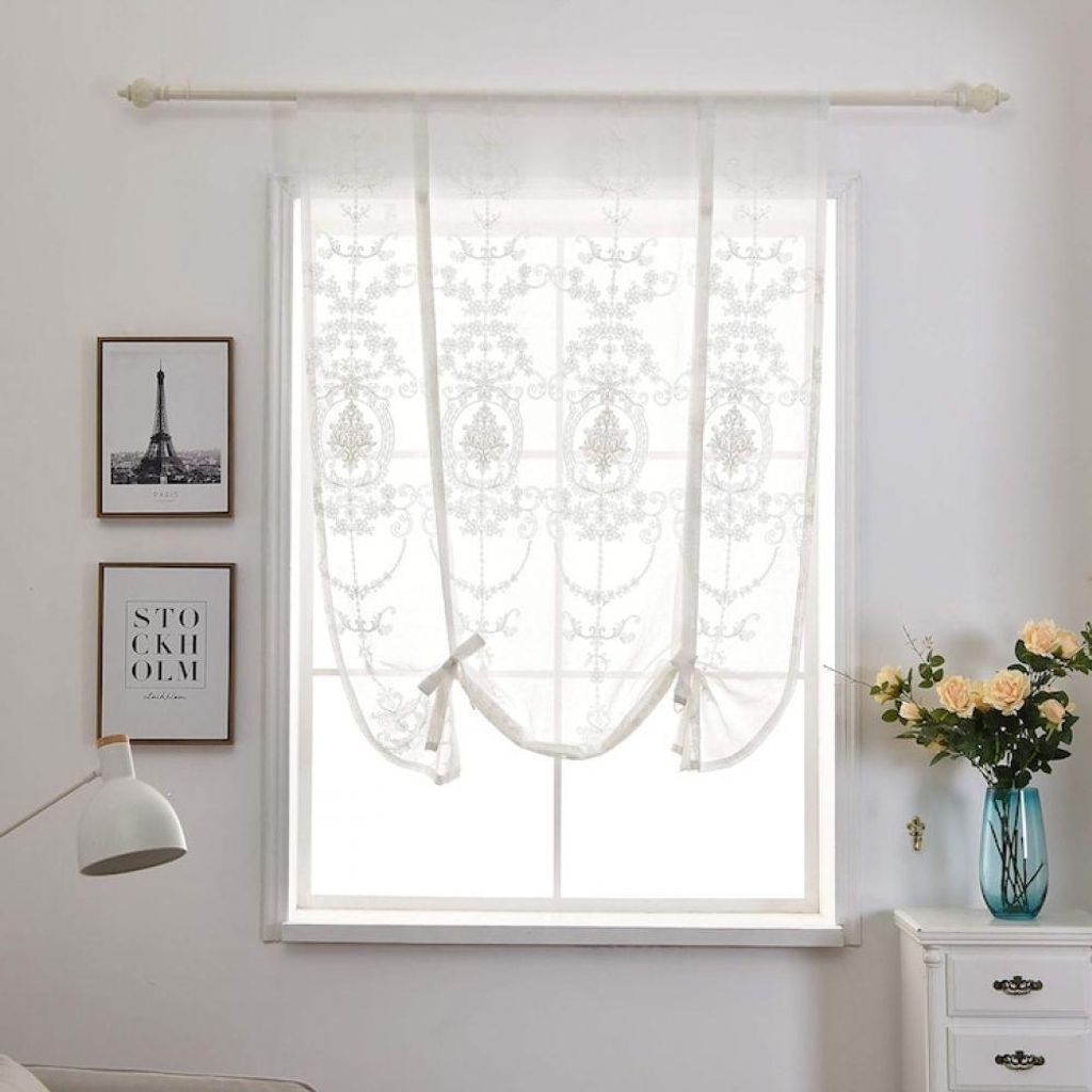 Perdea decorativa transparenta cu broderie, alba, 80x120cm