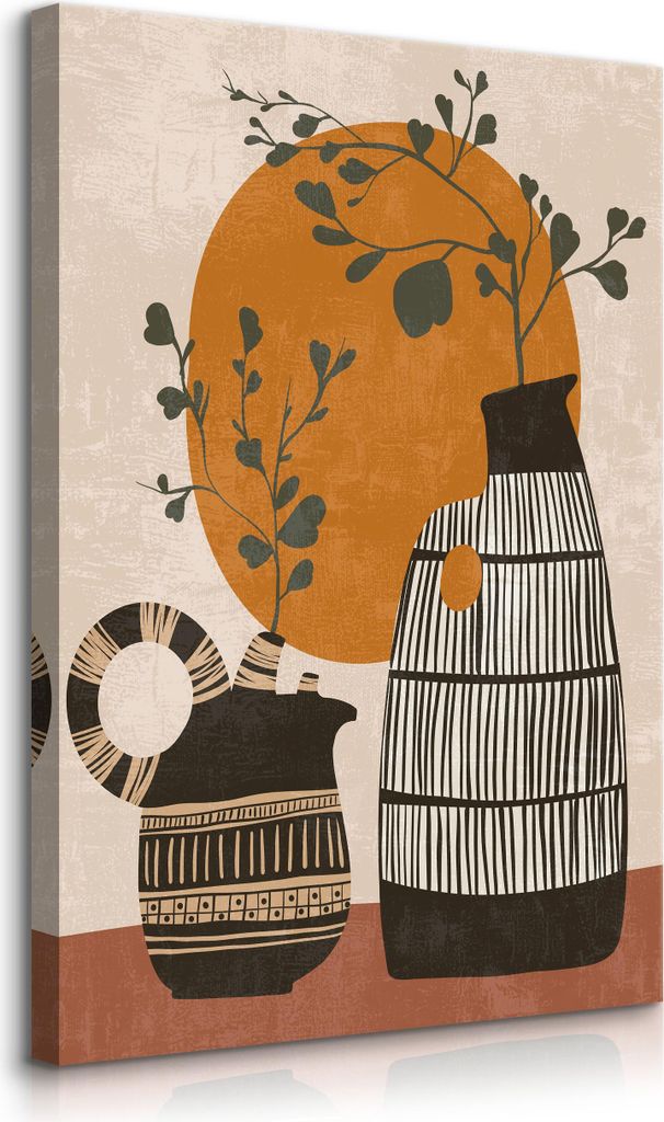 Muralo Leinwandbild Canvas für Wohnzimmer BLÄTTER Krüge Sonne Abstraktion Boho Br. 70cm x Hö. 100cm