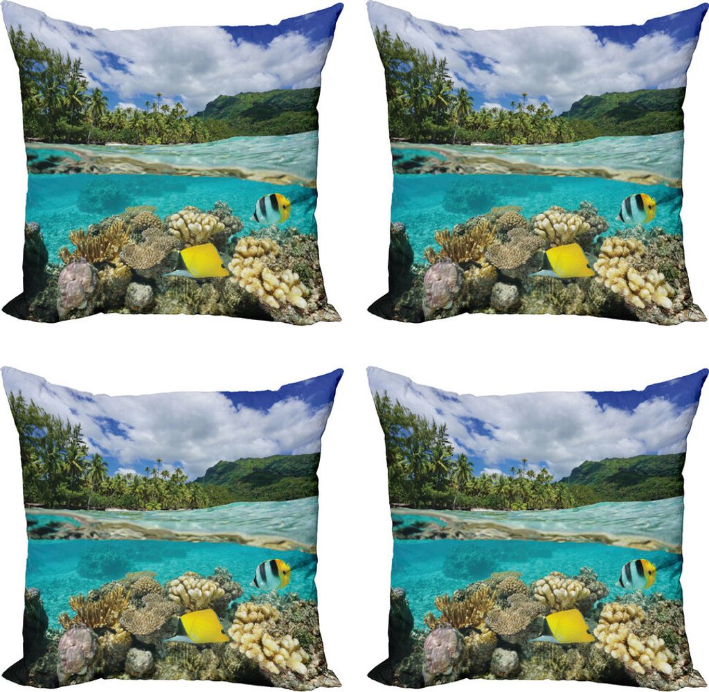 ABAKUHAUS Insel Kissenbezug Set (4 Stück), Französisch-Polynesien Lagoon, Moderner Doppelseitiger Digitaldruck, 45 cm x 45 cm, Mehrfarbig