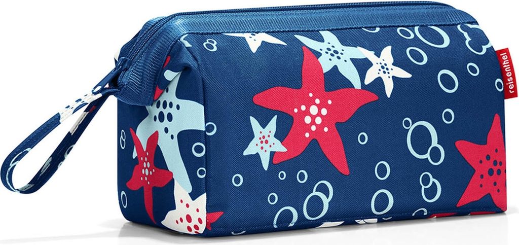 A blue toiletry bag with a starfish and bubble pattern.