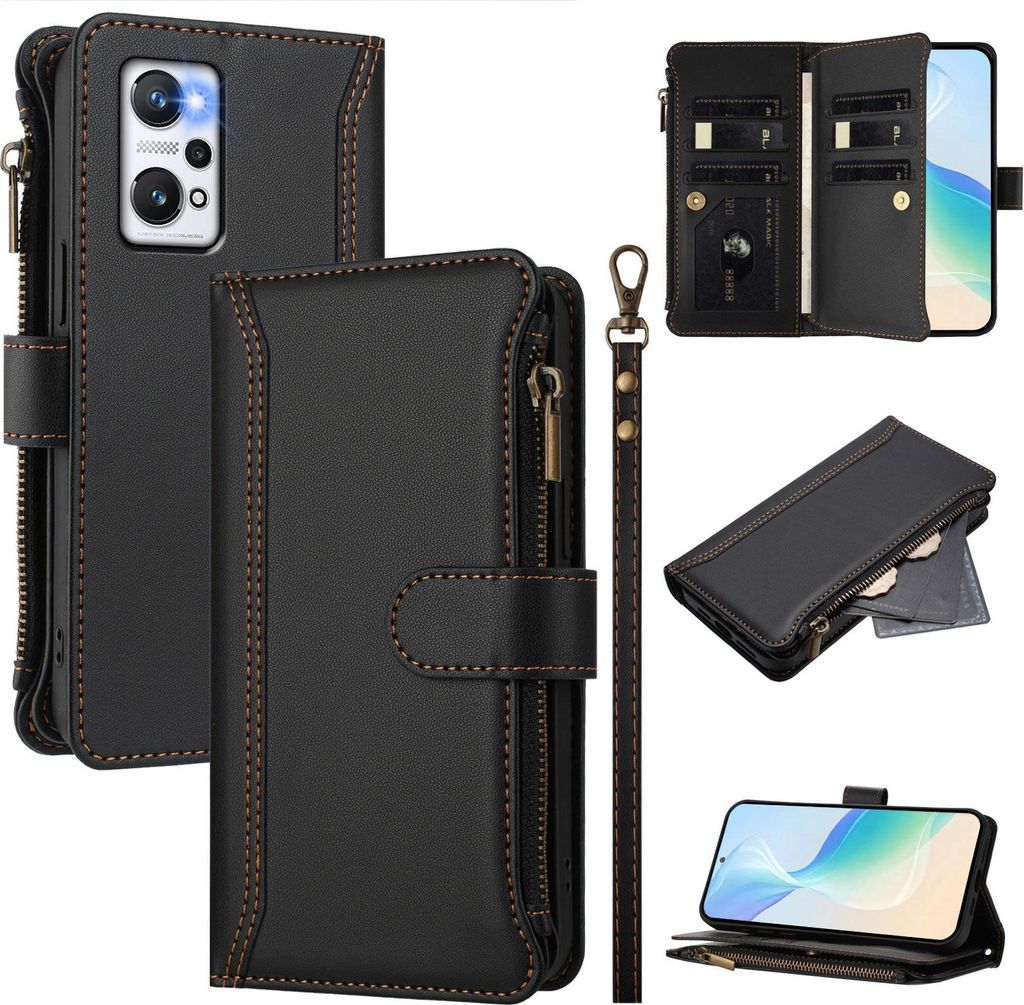Handyhülle für Realme GT2/Realme GT Neo 3T Reißverschluss Geldbörse Kunstleder Klapphülle mit Kartensteckplatz, Ständer, Handschlaufe Schwarz