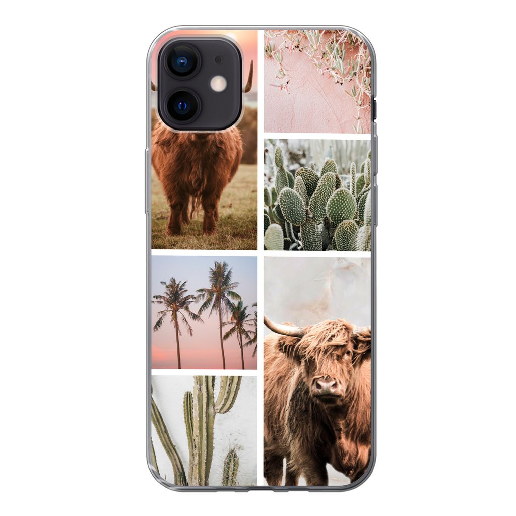 MuchoWow Handyhülle Schutzhülle Hülle für iPhone 12 mini Schottischer Highlander - Sukkulente - Pastell Silikon Softcase Handy Hülle - Bild