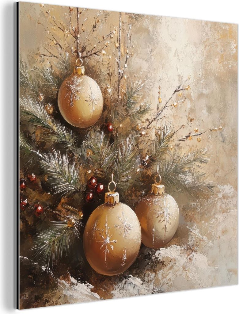 MuchoWow Wanddekoration Metall Metallbild Wandkunst 50x50 cm Weihnachten - Kugeln - Beige - Gold MuchoWow Aluminium Gemälde - Alubild - Industrial