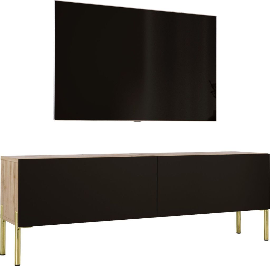 TV-SCHRANK in Wotan-Eiche / Mattschwarz mit Beinen in Gold, 140 x 52 x 32 cm