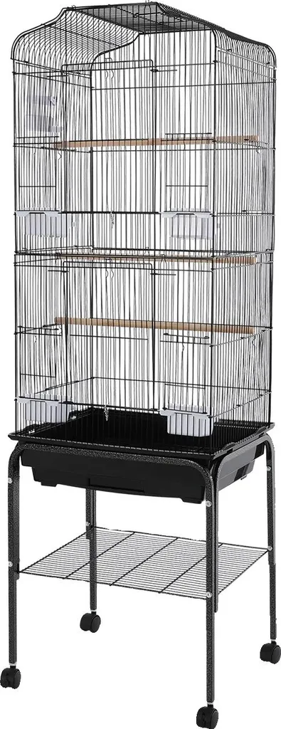 Cage à oiseaux mobile M en métal noir avec roulettes et toit ouvrant