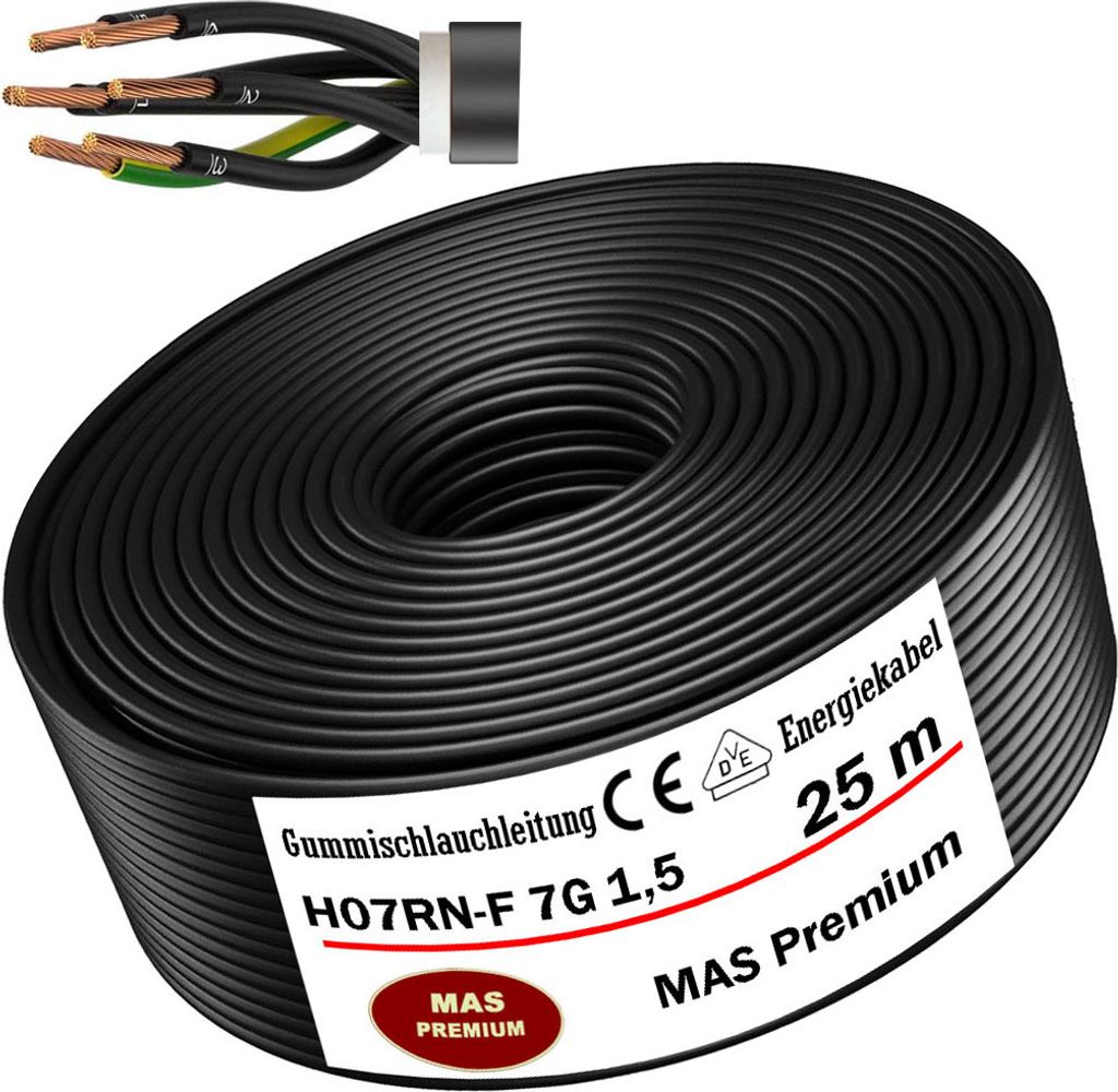 25m Gummischlauchleitung Baustellenkabel H07RN-F 7G1,5 Flexibel für Geräten