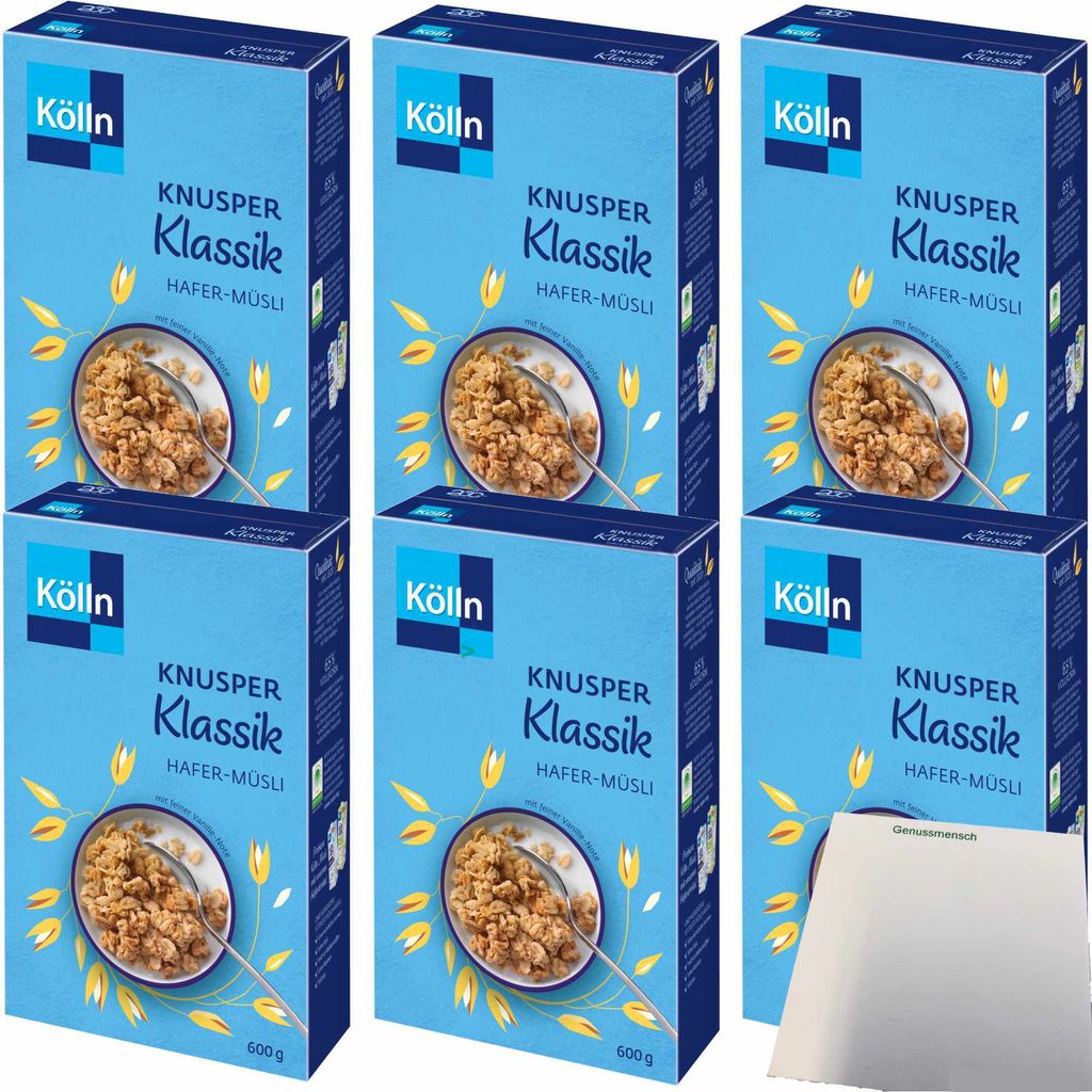 Kölln Knusper Müsli Klassik mit Hafer-Vollkornflocken und feiner Vanille-Note 6er Pack (6x600g Packung) + usy Block