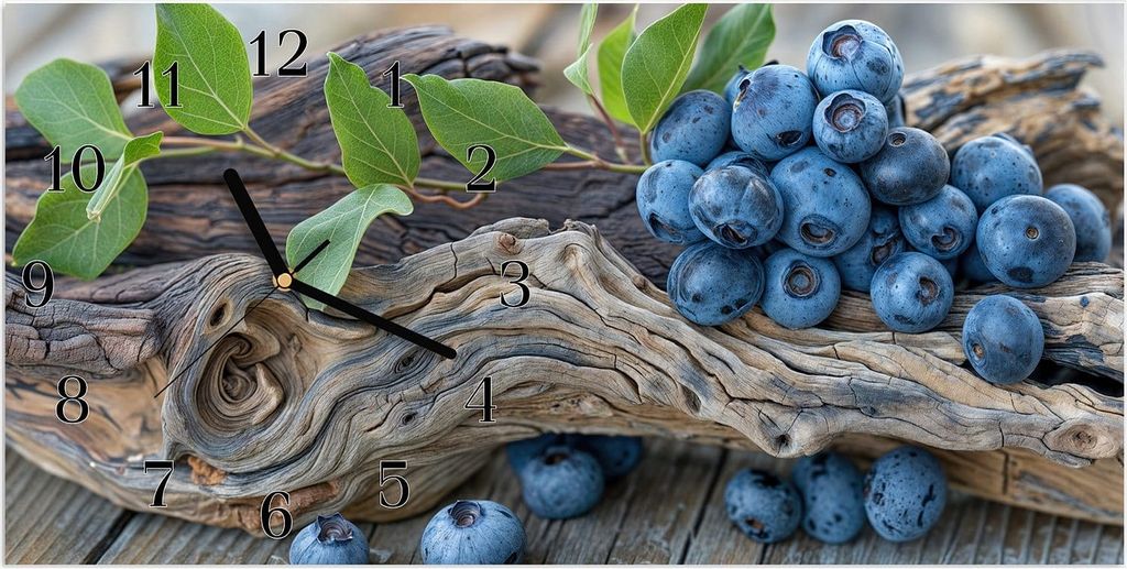 Wanduhr aus Glas mit Motiv Blaubeeren auf Holz- 60 x 30 cm - inkl. Aufhängesystem