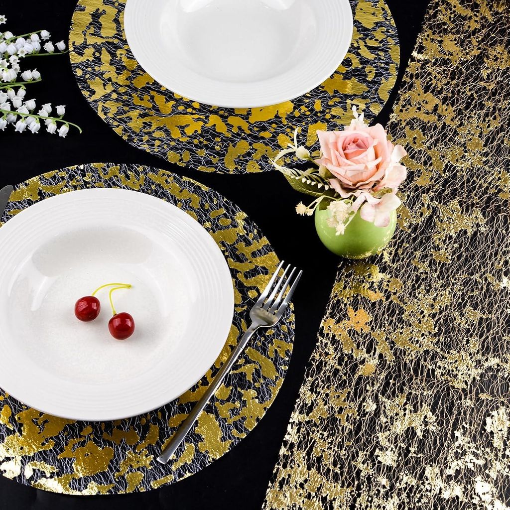 Goldene Einweg-Tabletts Set - 11 Stück | Esszimmermatte mit Goldfolie Gitter und Pailletten Glitzer | Metallic Gold Tischläufer für Feiern | Dü...