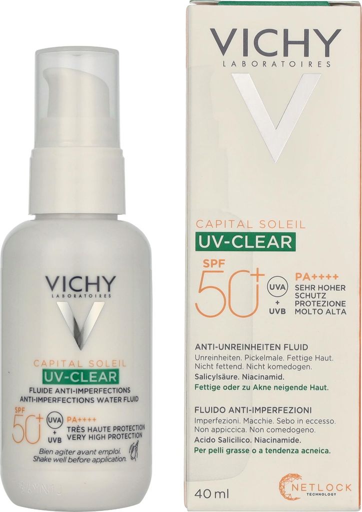 A product shot of Vichy Capital Soleil UV Clear Anti-Imperfections Water SPF50 sunscreen bottle and its packaging.