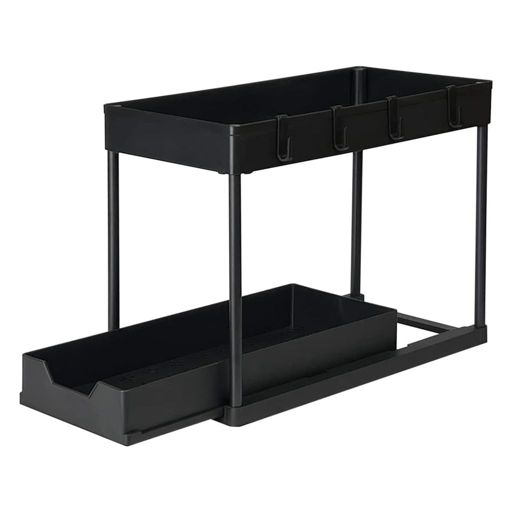 A black two-tier pull-out organizer for kitchen cabinets.