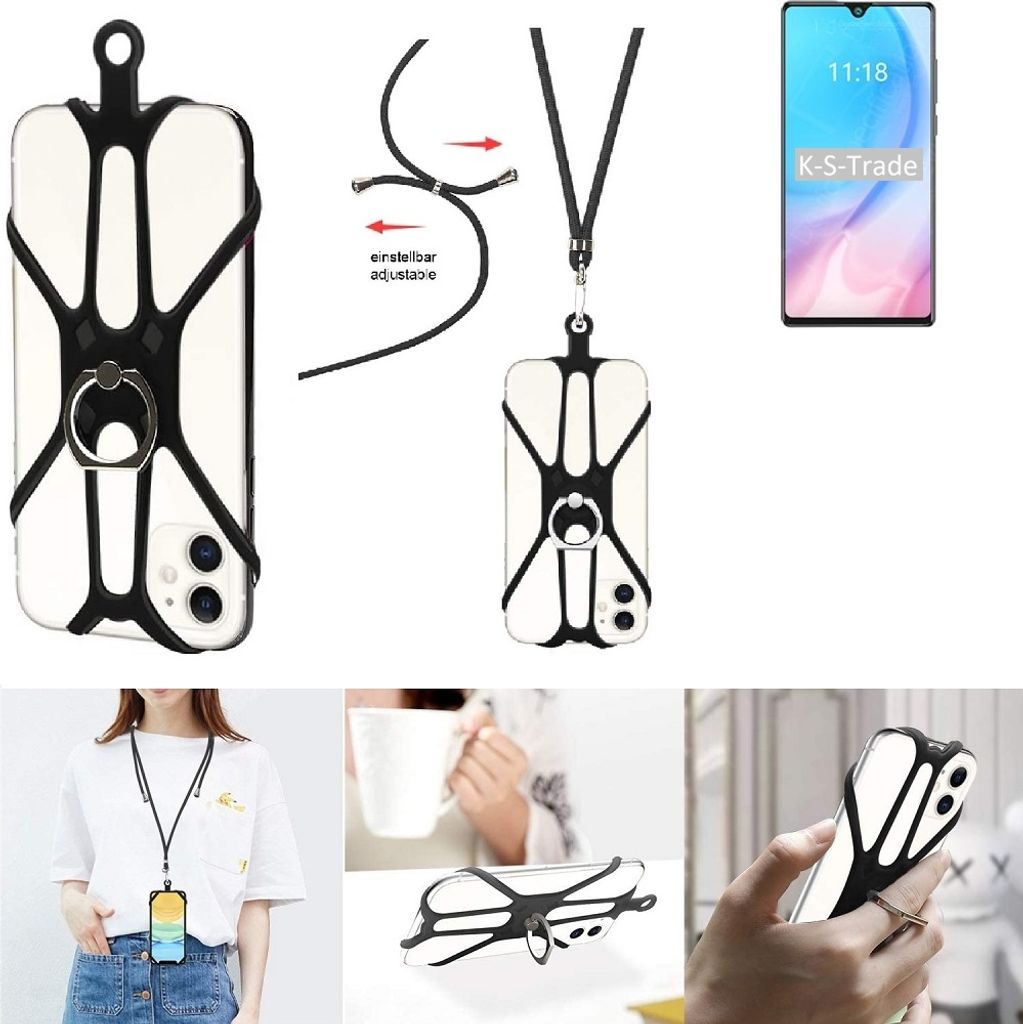 K-S-Trade 3in1 Handykette Handyband Handykordel Halsband Smartphone-Ring Handy-Ring kompatibel mit Cubot J9 Fingerhalterung Handyring Tischständer