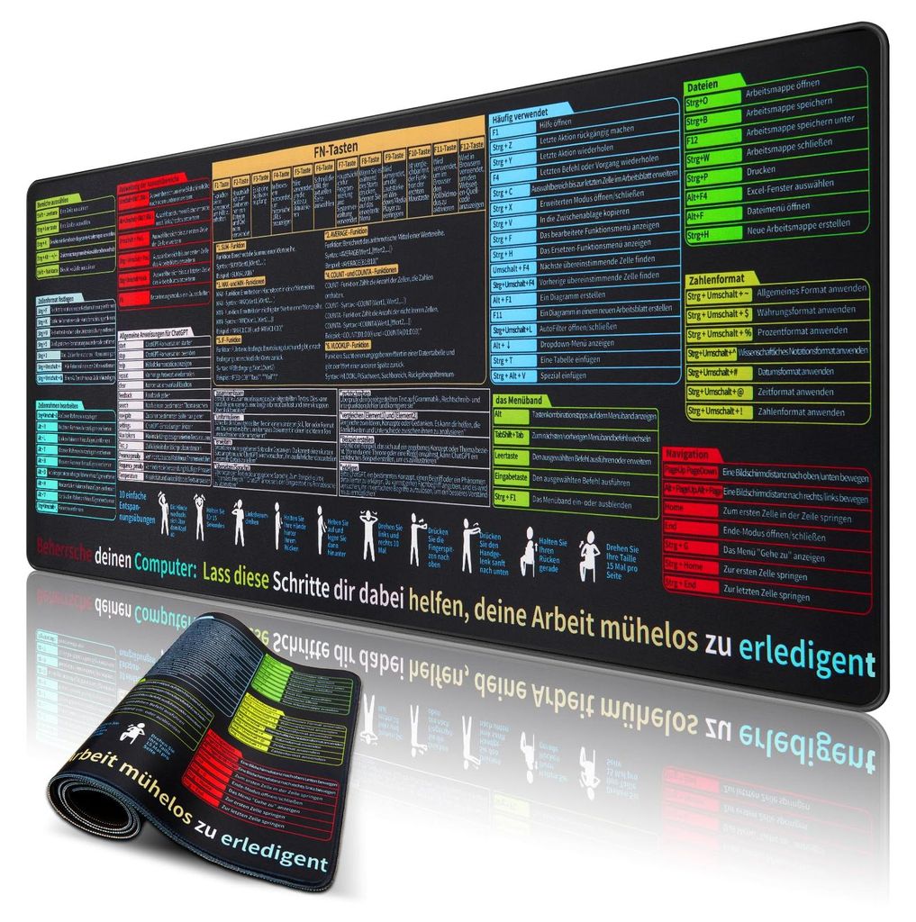 Excel-Schreibtischunterlage, Deutsch, 80 x 30 x 3 cm, Büro- und Gaming-Mauspad, präzise und rutschfest, Mauspad mit Excel-Befehlen in Deutsch, Ta...