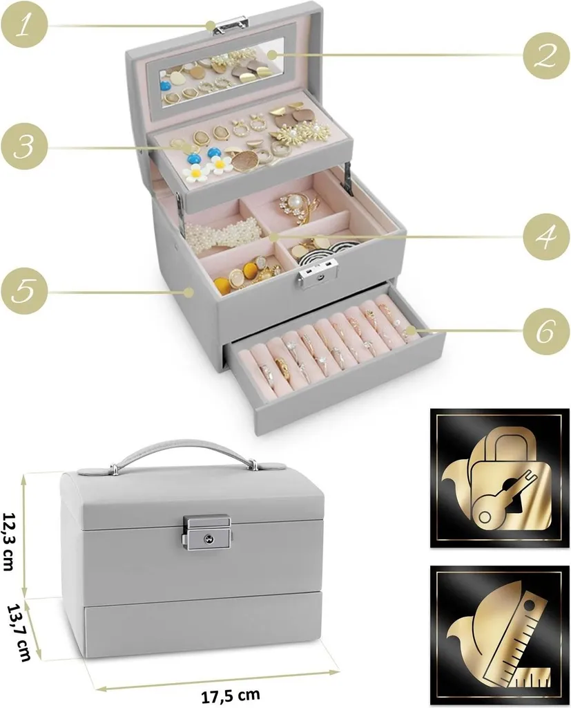 Boîte à bijoux anti-nœuds MS-704 Massido - Rangement sécurisé Gris Luxe