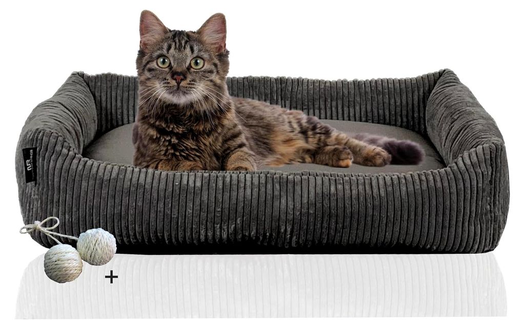 Katzenbett aus Cordstoff mit Spielkugelset (Grau, breiter Cordstoff)