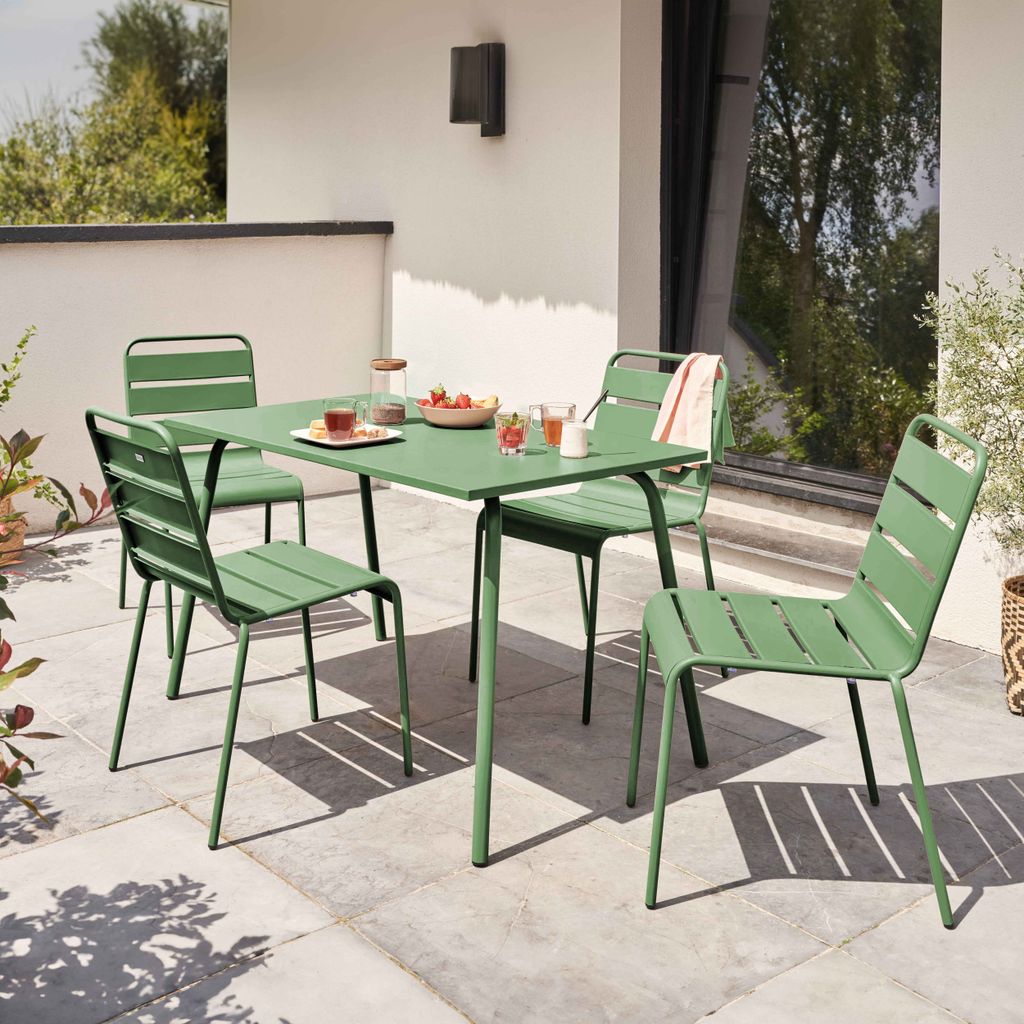 Metall-Gartentisch-Stuhl und 4 Kaktusgrüne Stühle - Oviala Palavas