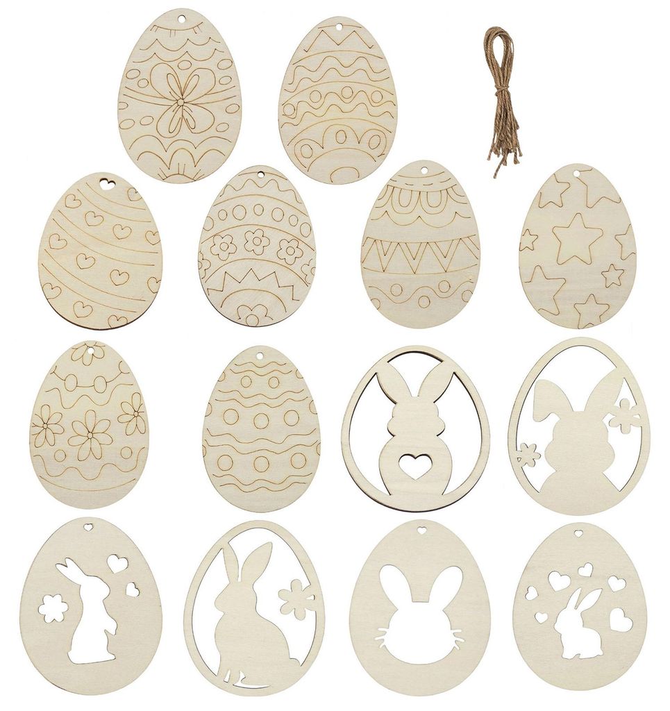 14-teiliges Set ovaler Oster-Hängedekorationen aus Holz, DIY, handgefertigt, unfertig, Blumen, Liebesherzen, Haseneier, Ornamente, Osterdekoration...