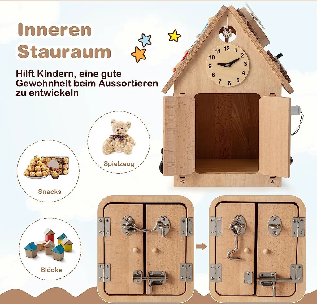 Cabane Montessori en Bois avec Cube d'Activité Sensoriel et Rangement
