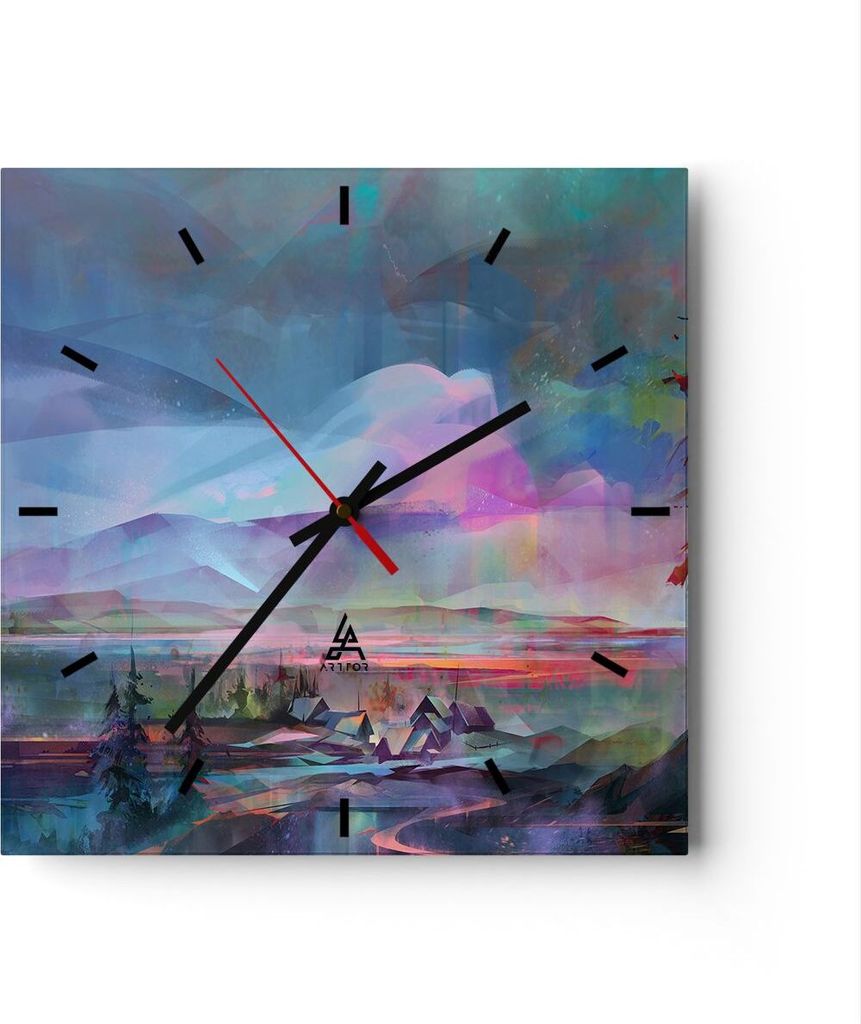 Wanduhr - Quadrat - Glasuhr - Berge Baum Wasser - 40x40cm - Schleichendes Uhrwerk - Lautlos - zum Aufhängen bereit - Dekoration Modern - Wanddekor...