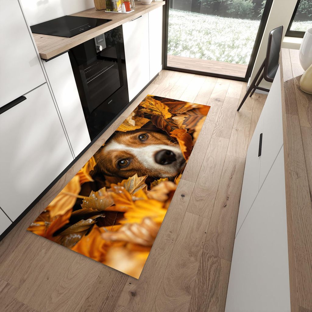 Küchenteppich 80x200cm rutschfest & abwischbar PVC Läufer - Hund im Herbstlaub