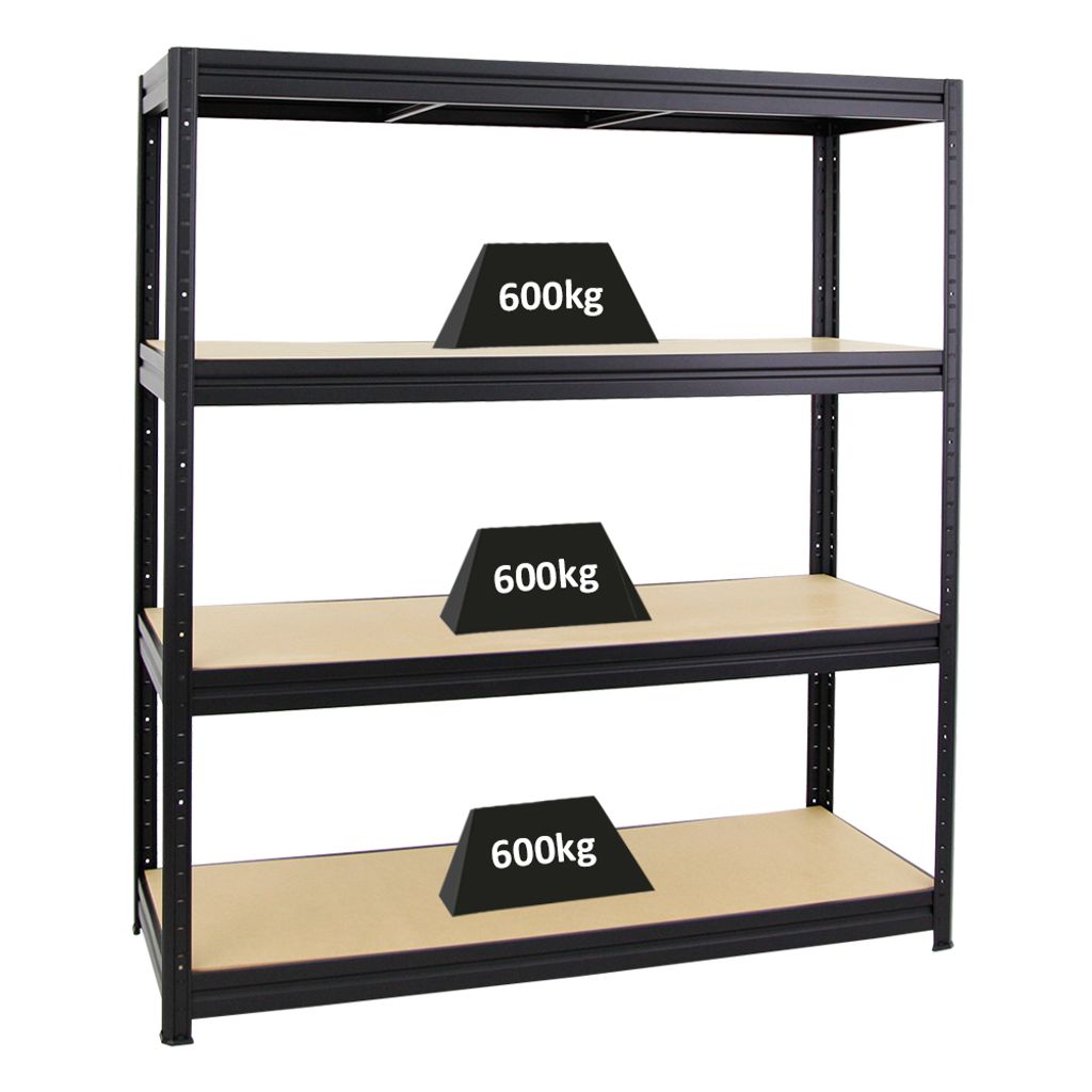 Schwerlastregal DINO | HxBxT 180x160x60cm | 4 MDF-Platten-Ebenen 6,5 mm | Fachlast 600kg | Schwarz