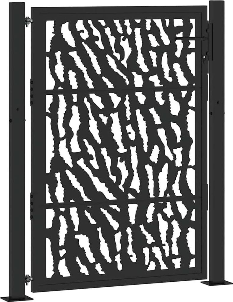 A black metal garden gate with a decorative cut-out pattern, shown in isolation against a white background.