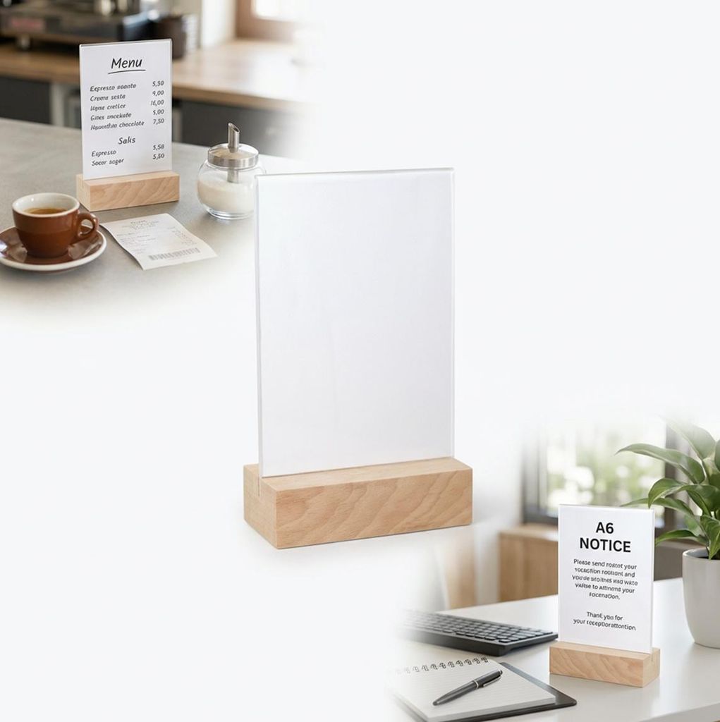 WERBESCHILD AUS PLEXIGLAS A6 18 x 10 cm STÄNDER