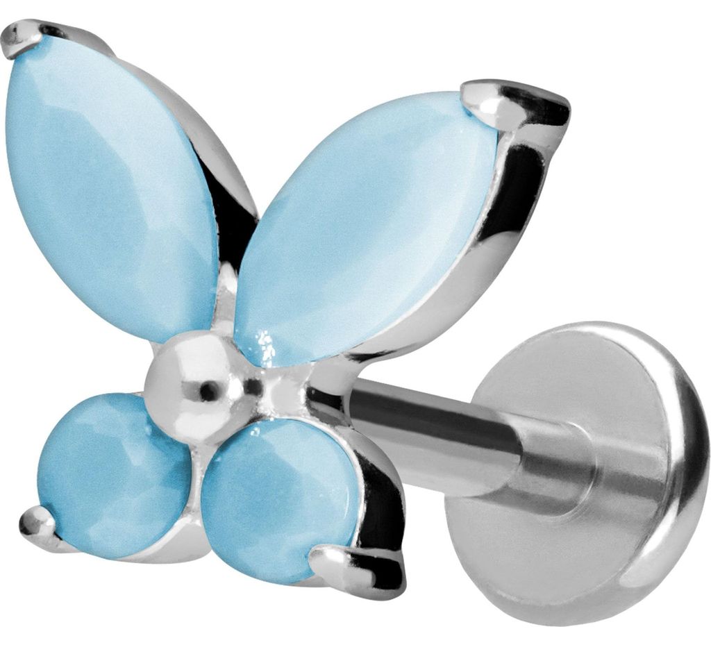 Ohrpiercing, Nasenpiercing Titan Labret mit Push Fit SCHMETTERLING + SYNTHETISCHE TÜRKISE Silber Stablänge: 10mm | Stabstärke: 1,2mm