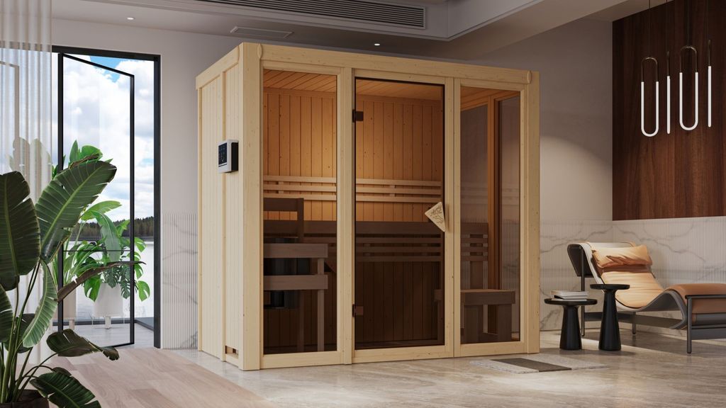 Karibu Sauna Innensauna Irava 2 Fronteinstieg Ofen 3,6 kW intgr. Strg 216x122x198 cm ohne Dachkranz